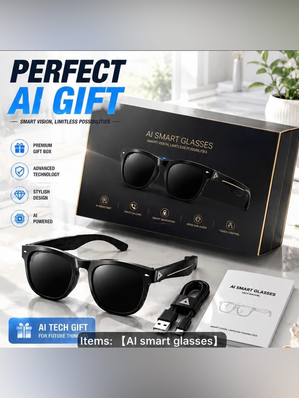 XG89 AI Smart Glasses Bluetooth 6.0 Wireless Audio Sunglasses Headphones Black